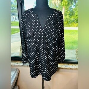 Adrienne Vittadini 3/4 Sleeve Button Blouse Top Black White Polka Dot Size XL